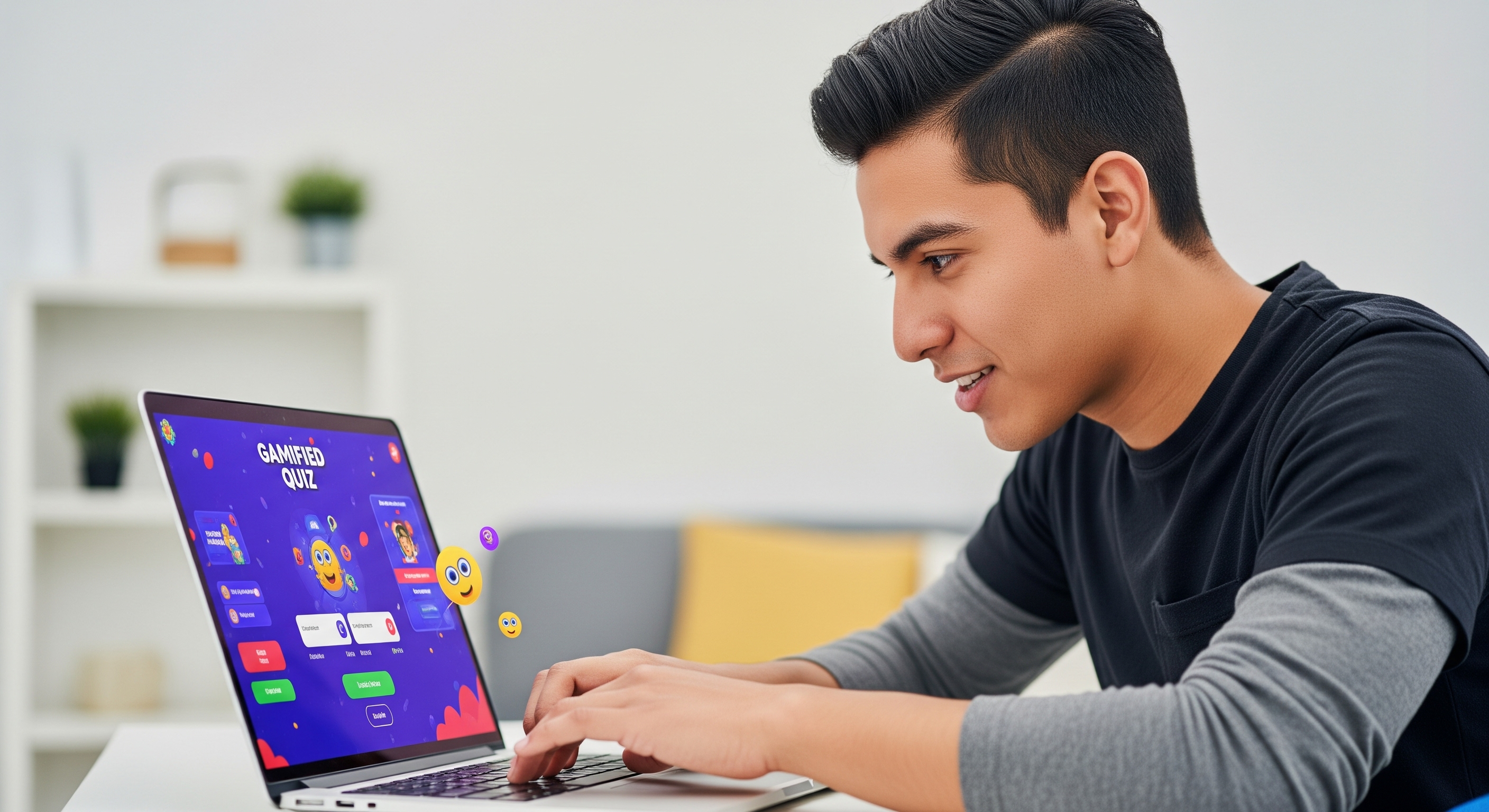 Young man using gamified quiz on laptop